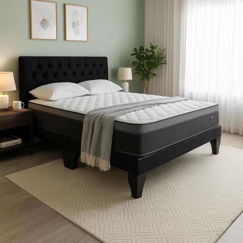 CAMA EUROPEA SUPER KING + RESPALDO CAPITONES NEGRO +COLCHON 200X200X28 - 2