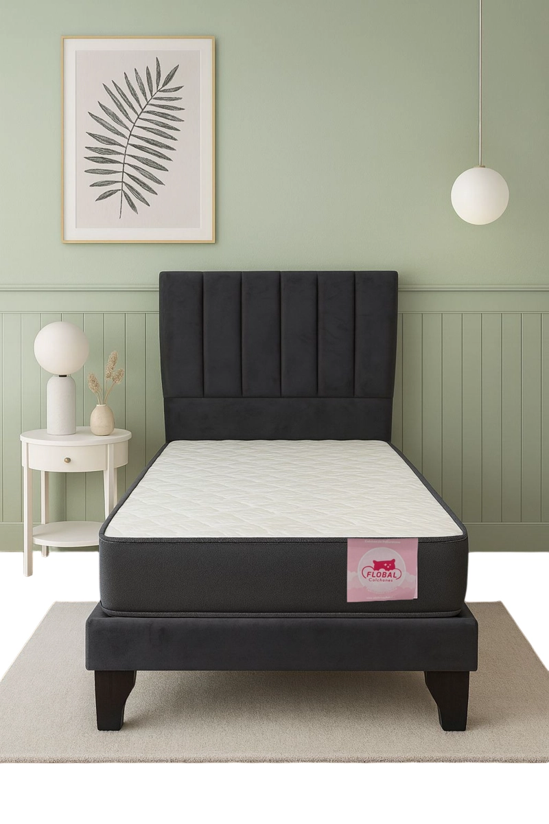 CAMA EUROPEA 1 PLAZA + RESPALDO FRANJAS NEGRO + COLCHON 90X190 - 1