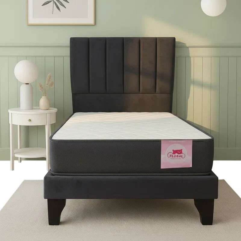 CAMA EUROPEA 1 PLAZA + RESPALDO FRANJAS NEGRO + COLCHON 90X190 - 3