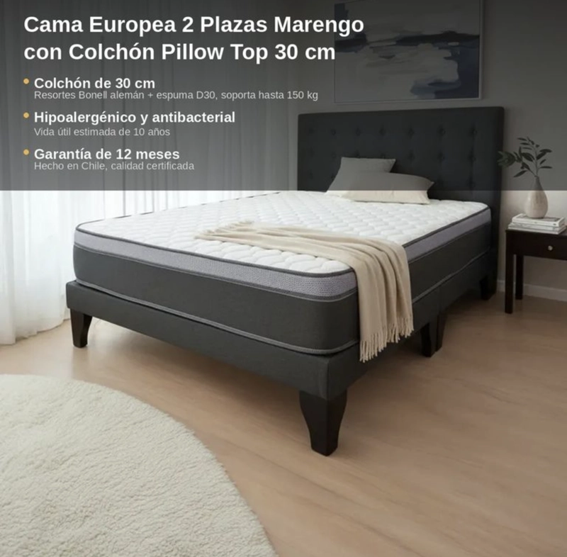 CAMA 2 PLAZAS EUROPEA MARENGO CON COLCHON PILLOW TOP 30 CM - 2