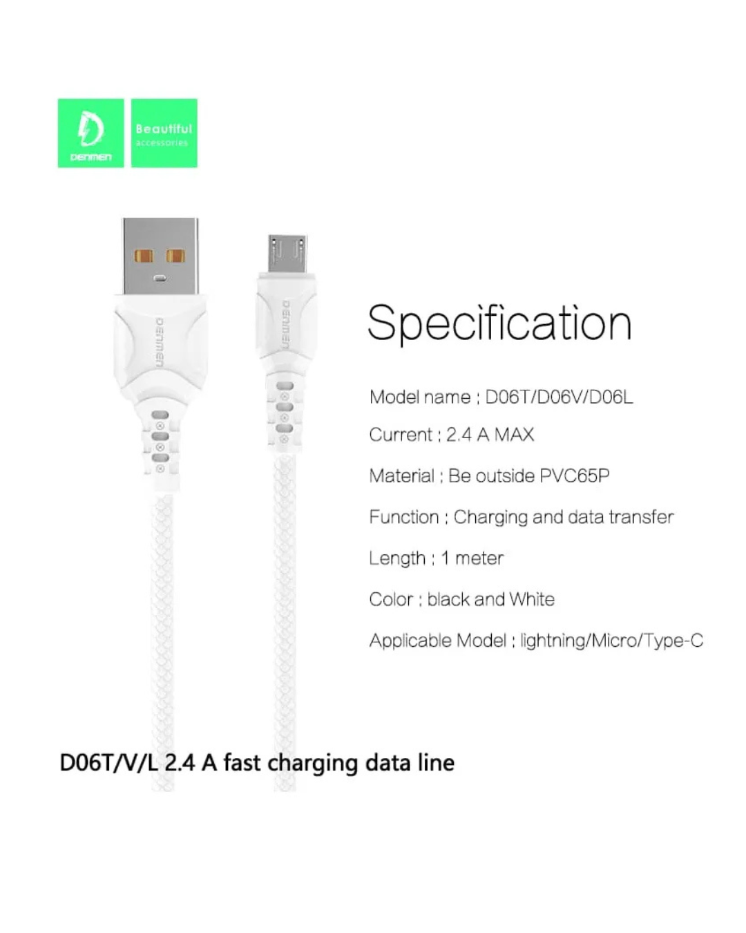 CABLE DE CARGA RÁPIDA DENMEN D06V (MICRO USB) – 2.4A - 2