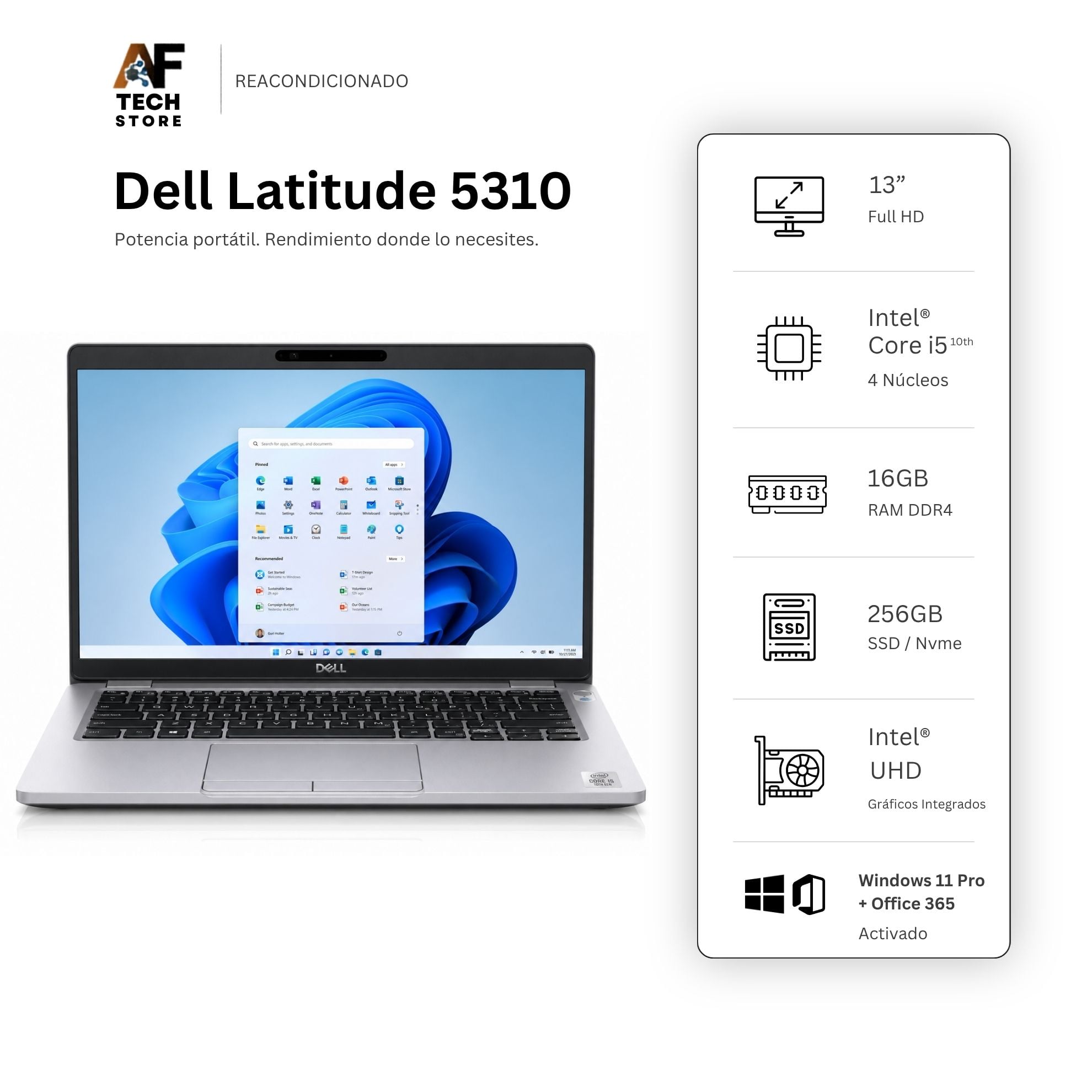 NOTEBOOK DELL 5310 I5 10TH 16GB 256GB - WIN11 OFFICE - REACONDICIONADO PROFESIONAL - 1