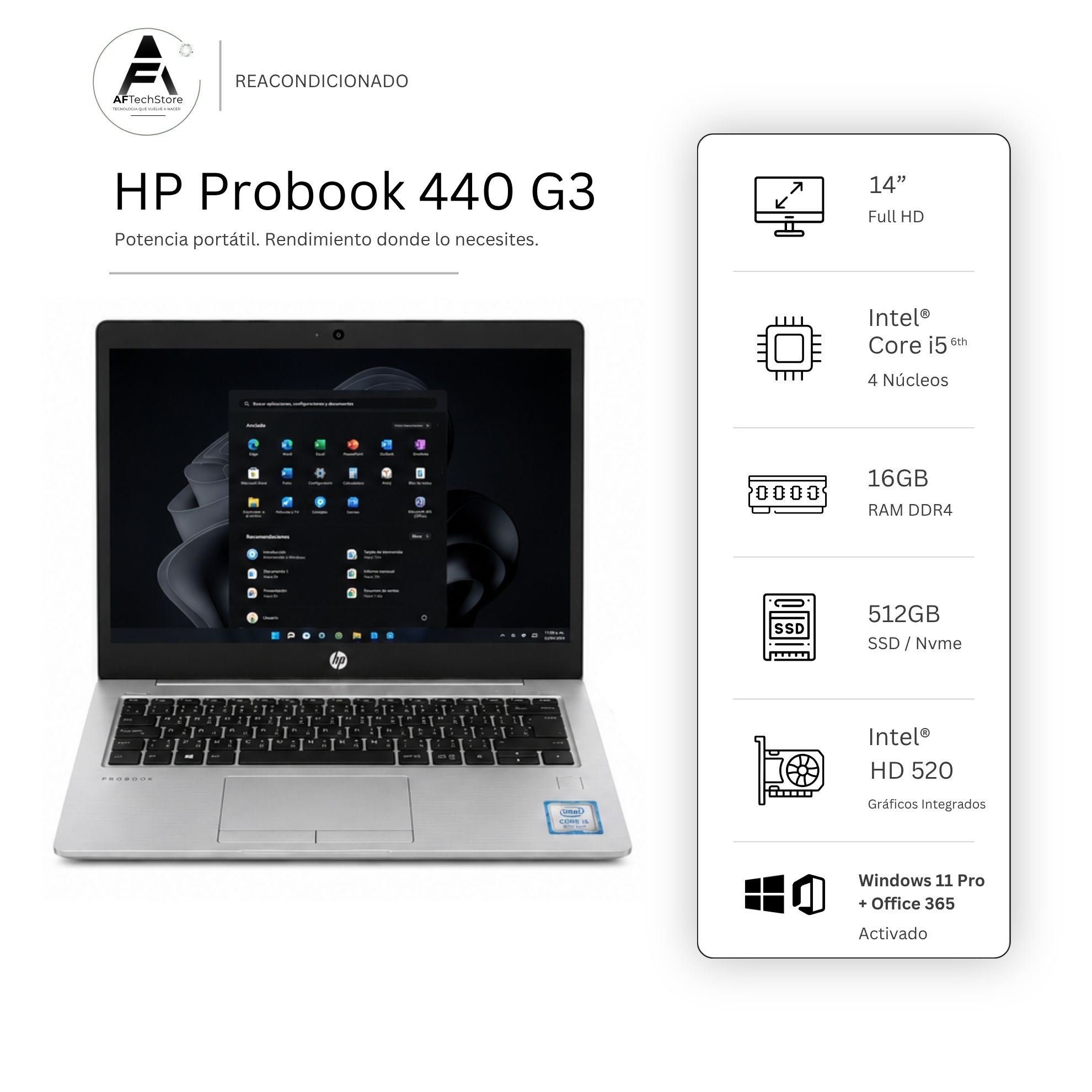 NOTEBOOK HP 440 G3 I5 6TH 16GB 512GB - WIN11 OFFICE - REACONDICIONADO PROFESIONAL - 1