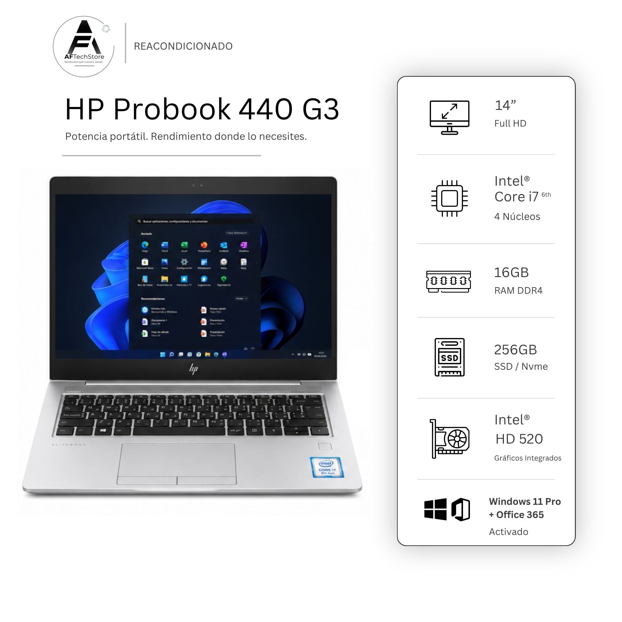 NOTEBOOK HP 440 G3 I7 6TH 16GB 256GB - WIN11 OFFICE - REACONDICIONADO PROFESIONAL - 1