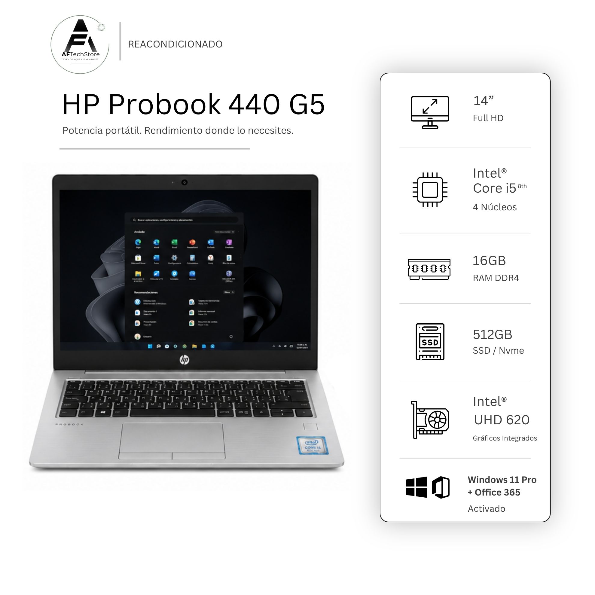 NOTEBOOK HP 440 G5 I5 8TH 16GB 512GB - WIN11 OFFICE - REACONDICIONADO PROFESIONAL - 1