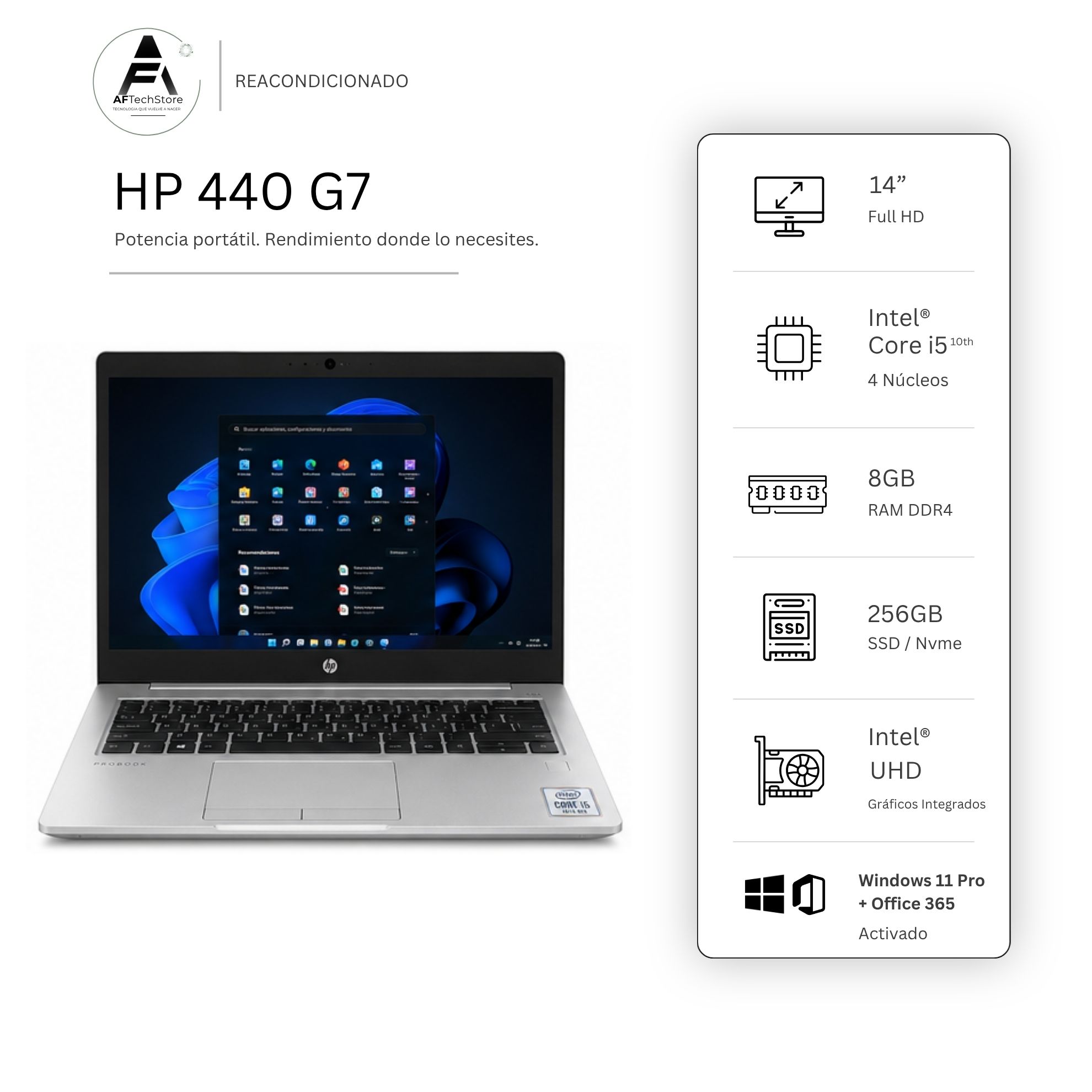 NOTEBOOK HP 440 G7 I5 10TH 8GB 256GB - WIN11 OFFICE - REACONDICIONADO PROFESIONAL - 1