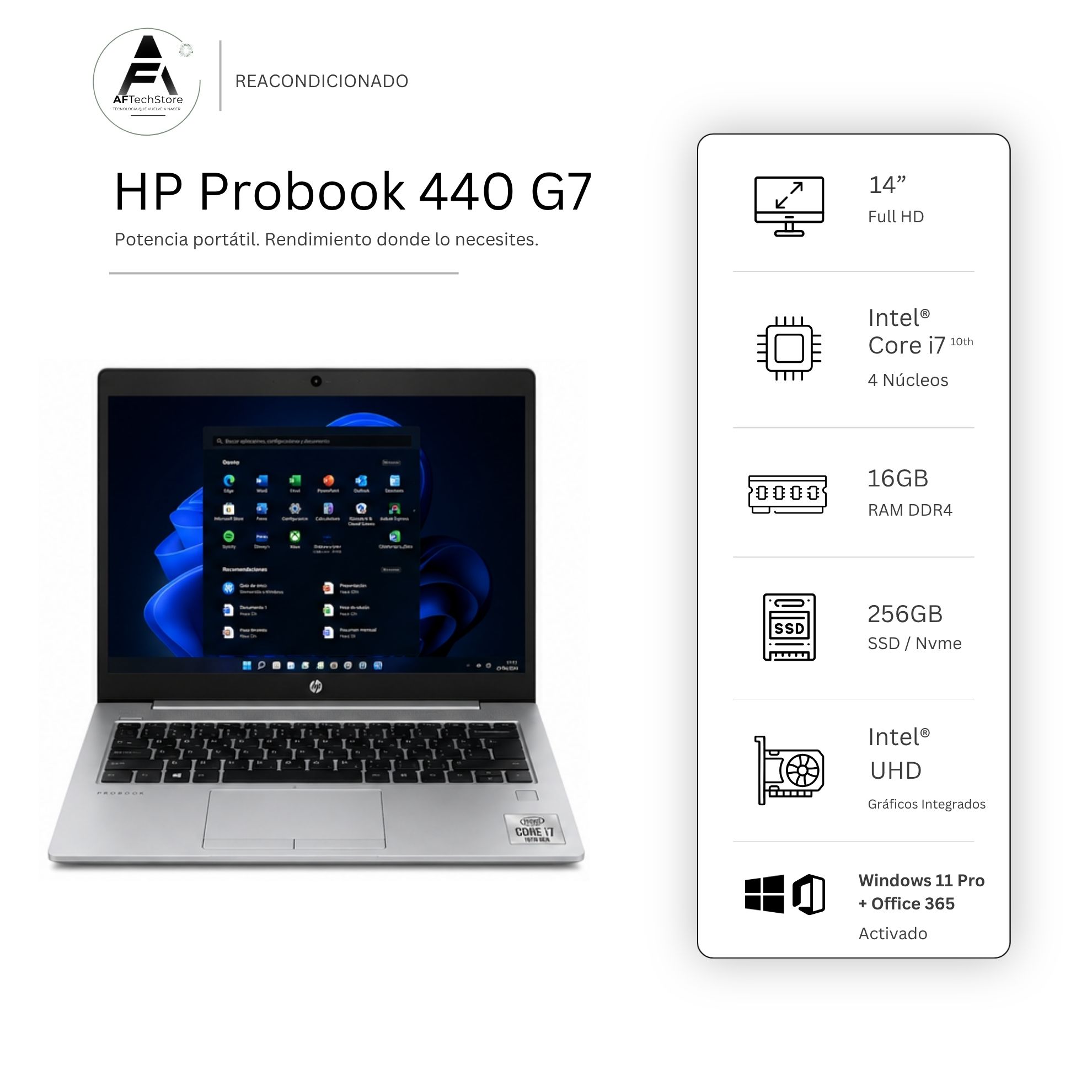 NOTEBOOK HP 440 G7 I7 10TH 16GB 256GB - WIN11 OFFICE - REACONDICIONADO PROFESIONAL - 1