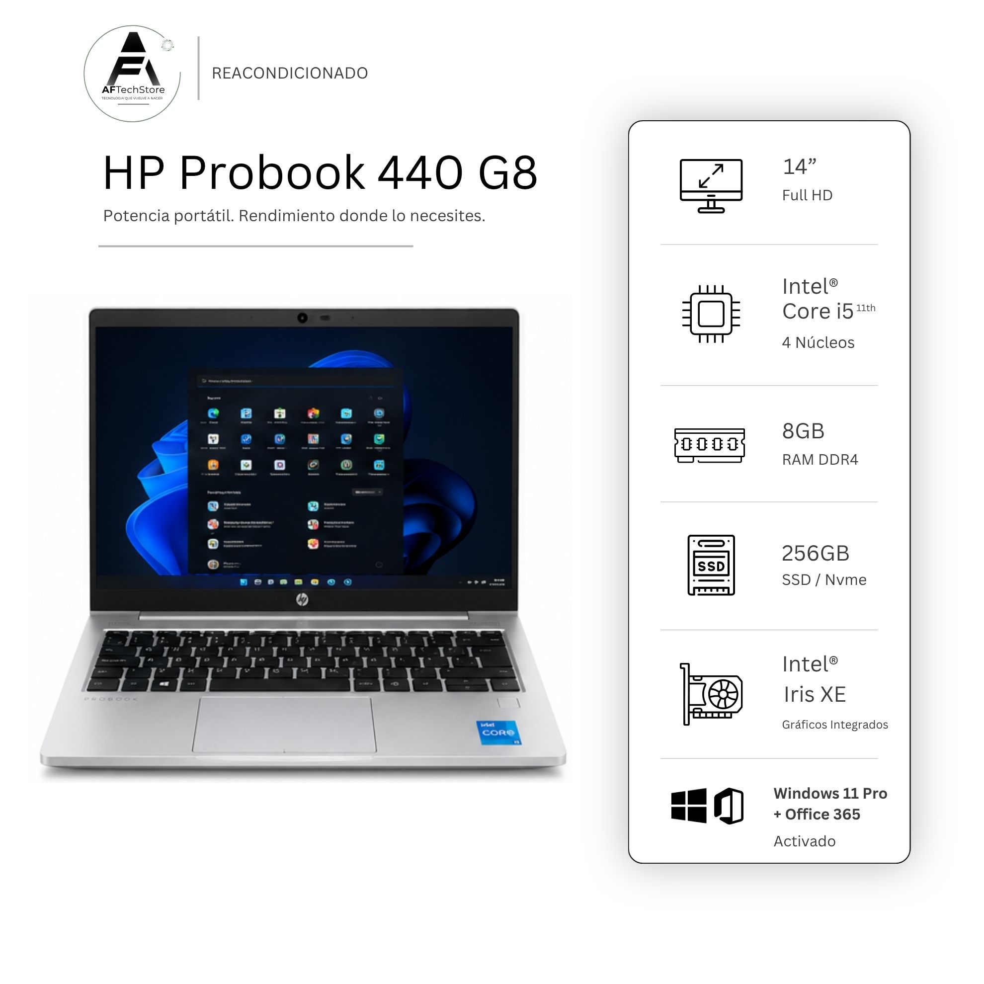 NOTEBOOK HP 440 G8 I5 11TH 8GB 256GB - WIN11 OFFICE - REACONDICIONADO PROFESIONAL - 1