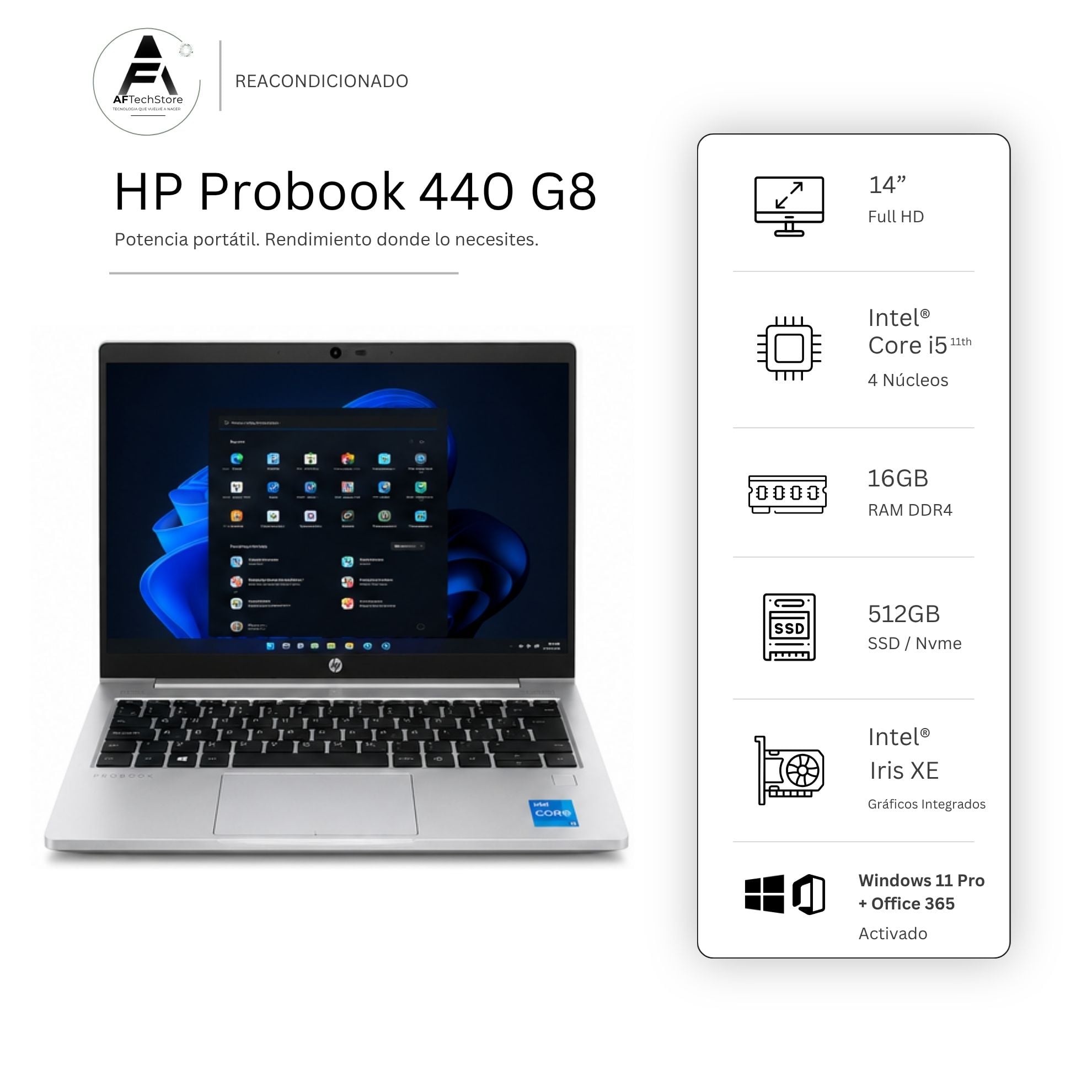 NOTEBOOK HP 440 G8 I5 11TH 16GB 512GB - WIN11 OFFICE - REACONDICIONADO PROFESIONAL - 1