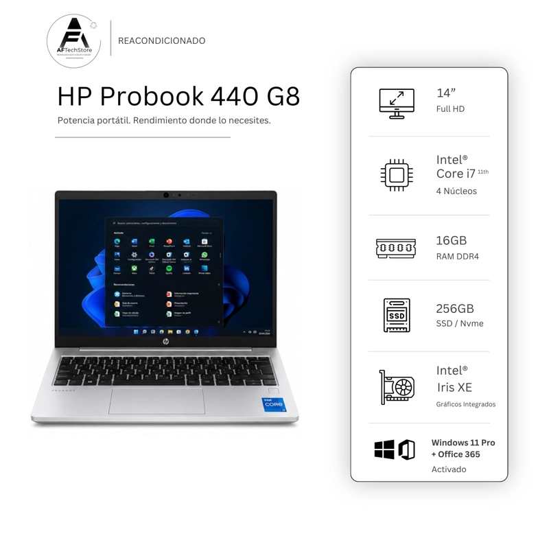 NOTEBOOK HP 440 G8 I7 11TH 16GB 256GB - WIN11 OFFICE - REACONDICIONADO PROFESIONAL - 1