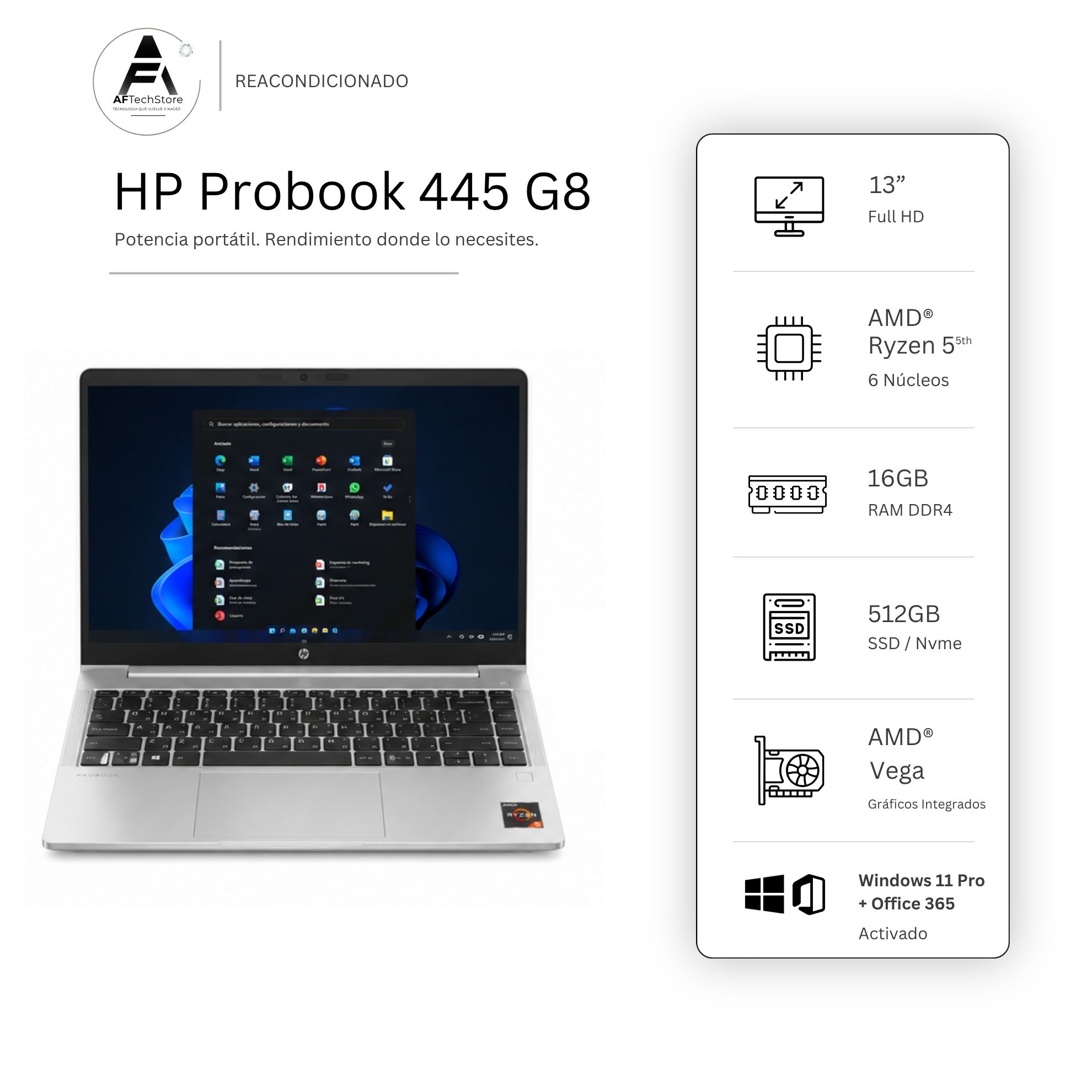 NOTEBOOK HP 445 G8 RYZEN 5 5TH 16GB 512GB AMD VEGA 2GB– EDICION EXCLUSIVA –WIN OFFICE– REA - 1