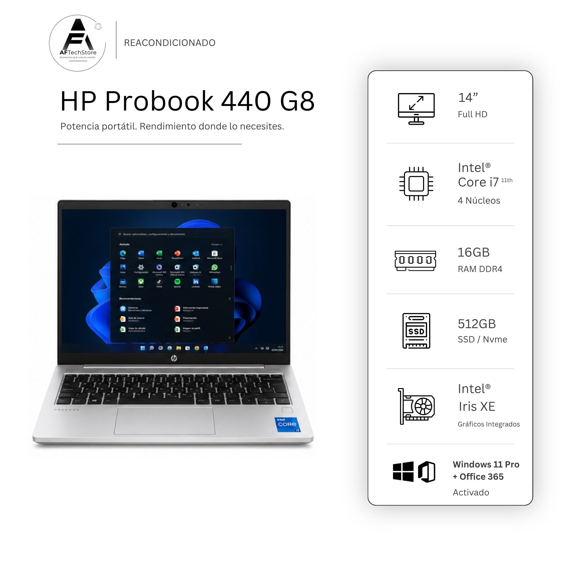 NOTEBOOK HP 440 G8 I7 11TH 16GB 512GB - WIN11 OFFICE - REACONDICIONADO PROFESIONAL - 1