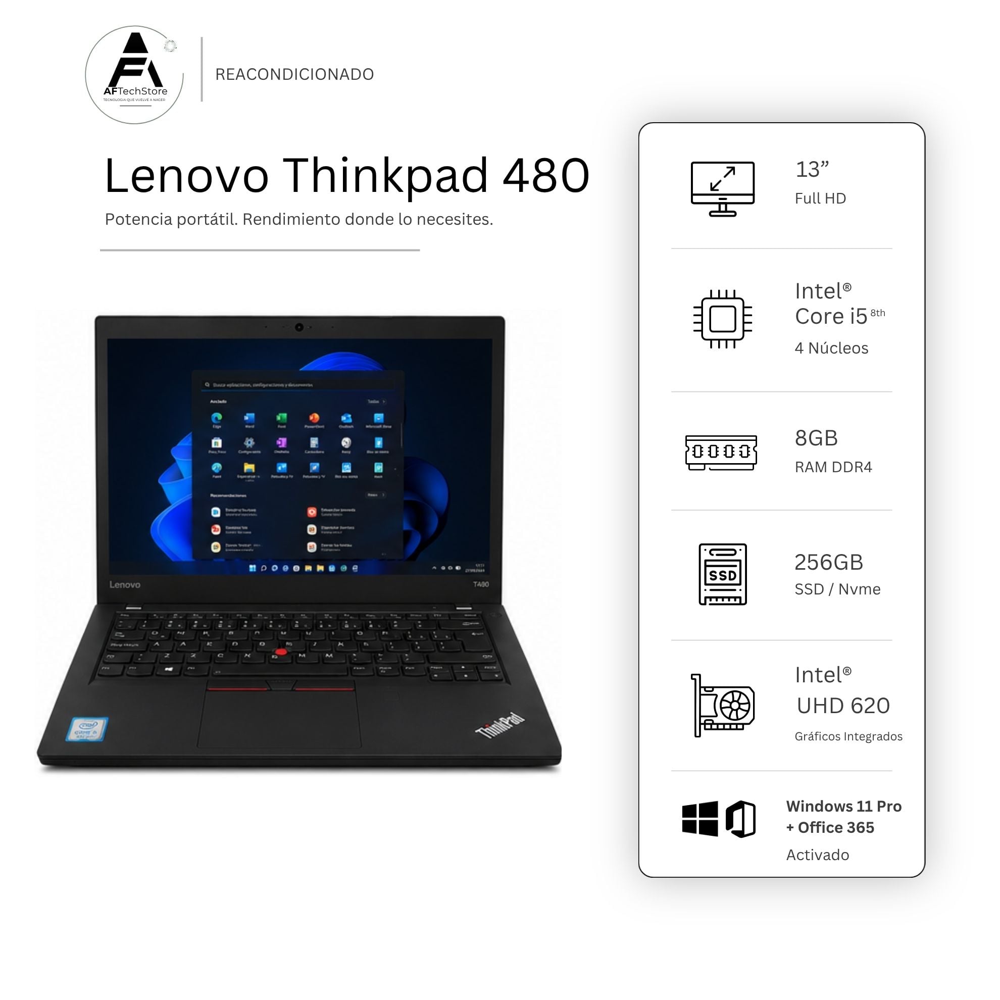 NOTEBOOK LENOVO 480 I5 8TH 8GB 256GB - WIN11 OFFICE - REACONDICIONADO PROFESIONAL - 1