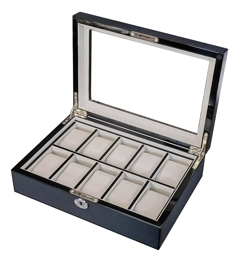 CAJA 10 RELOJES MADERA FIBRA DE CARBON INTERIOR TERCIOPELO - 1