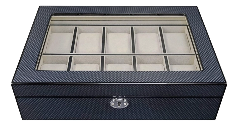 CAJA 10 RELOJES MADERA FIBRA DE CARBON INTERIOR TERCIOPELO - 2