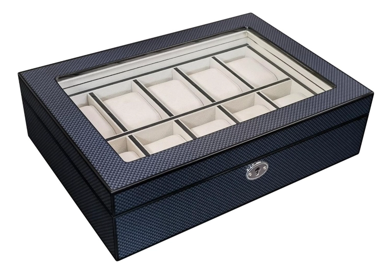 CAJA 10 RELOJES MADERA FIBRA DE CARBON INTERIOR TERCIOPELO - 3