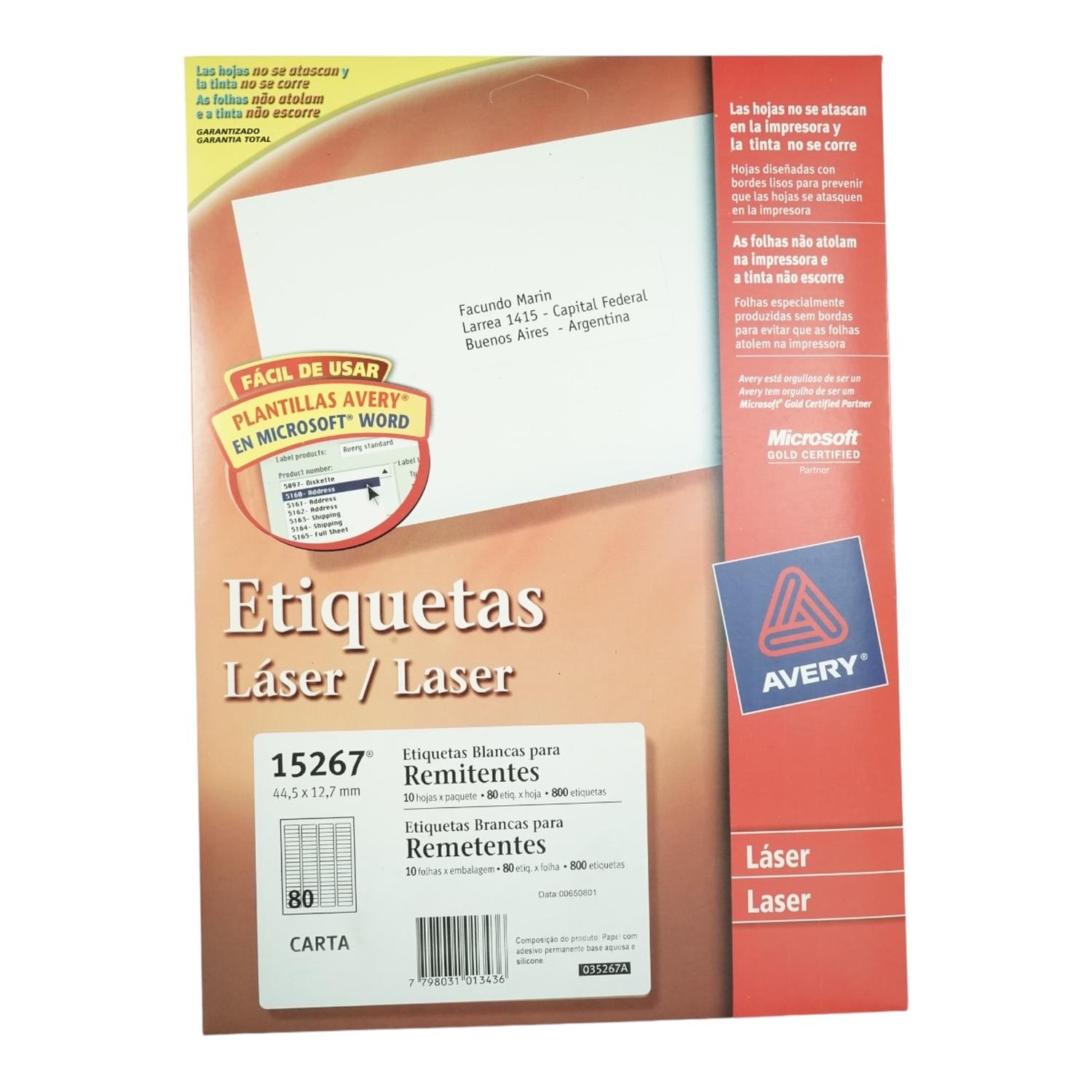 PACK X800 ETIQUETAS AVERY 4,5X1,2 CM 15267 - 10HJS CARTA BL - 1