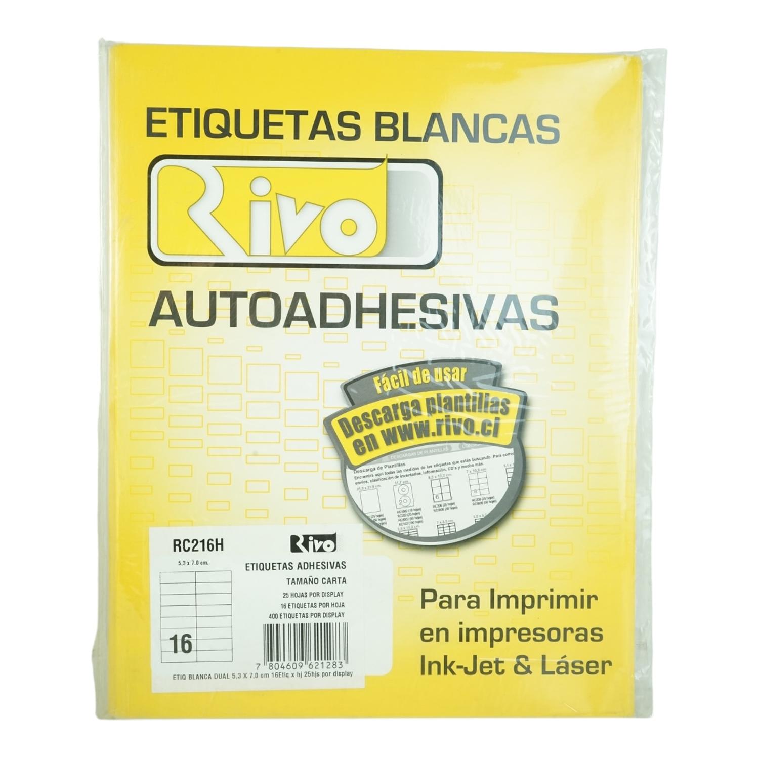 PACK X400 ETIQUETAS 5,3X7CM RIVO RC216H 25HJS CARTA BLANCO - 1