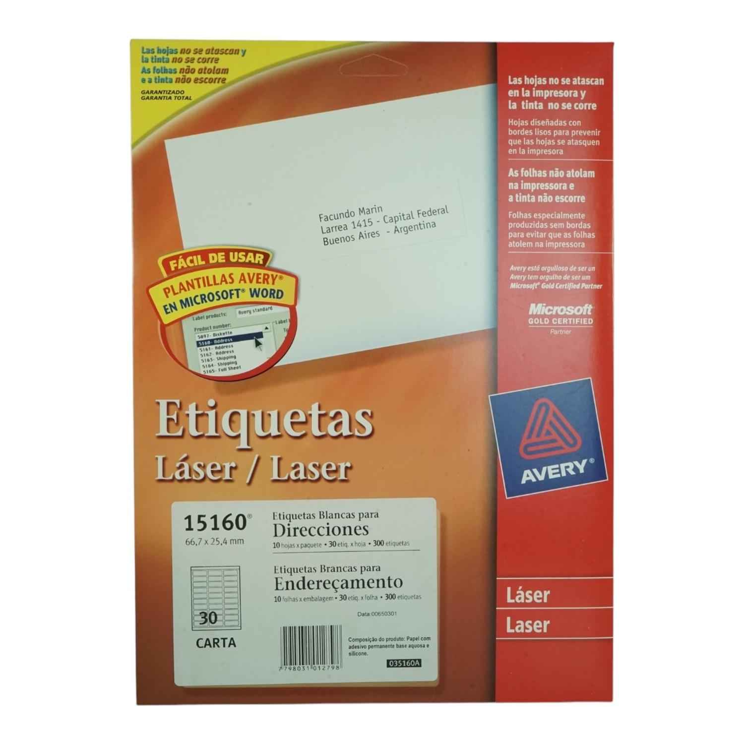 PACK X300 ETIQUETAS 667X254 MM AVERY 15160 - 10HJS CARTA BL - 1