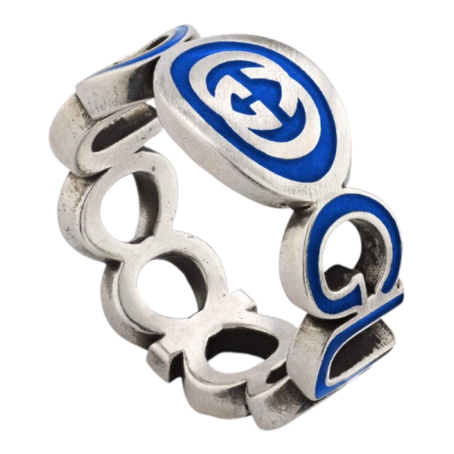 ANILLO GUCCI UNISEX PLATA INTERLOCKING G AZUL TALLA 22 - 2