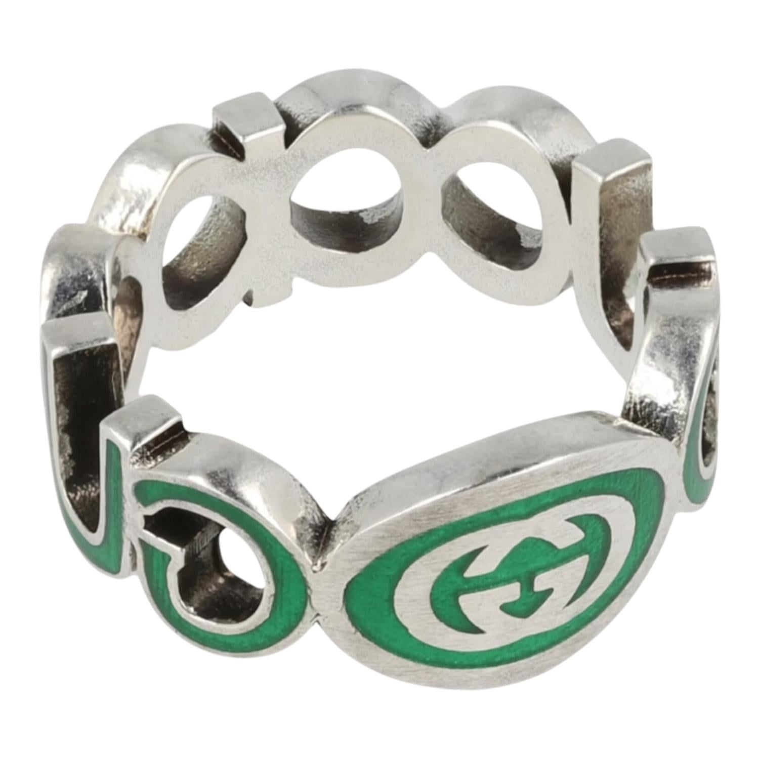 ANILLO GUCCI UNISEX PLATA INTERLOCKING G VERDE TALLA 22 - 1