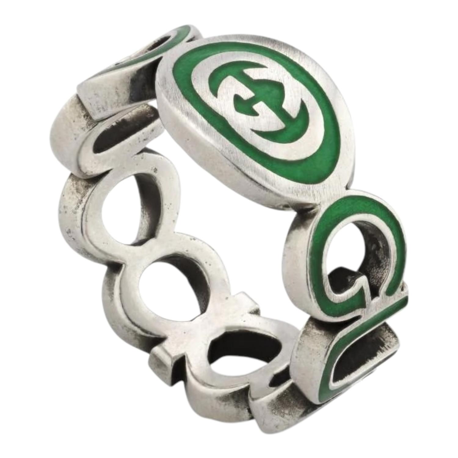 ANILLO GUCCI UNISEX PLATA INTERLOCKING G VERDE TALLA 22 - 2