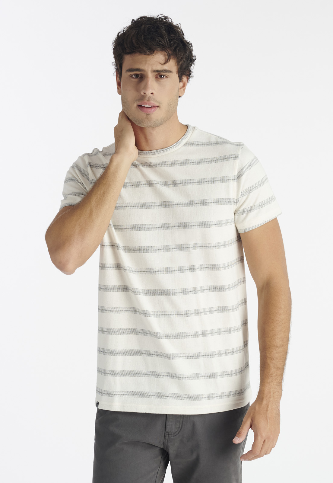 POLERA ALGODÓN HOMBRE NIMTU BEIGE STRIPE CASUAL - 1