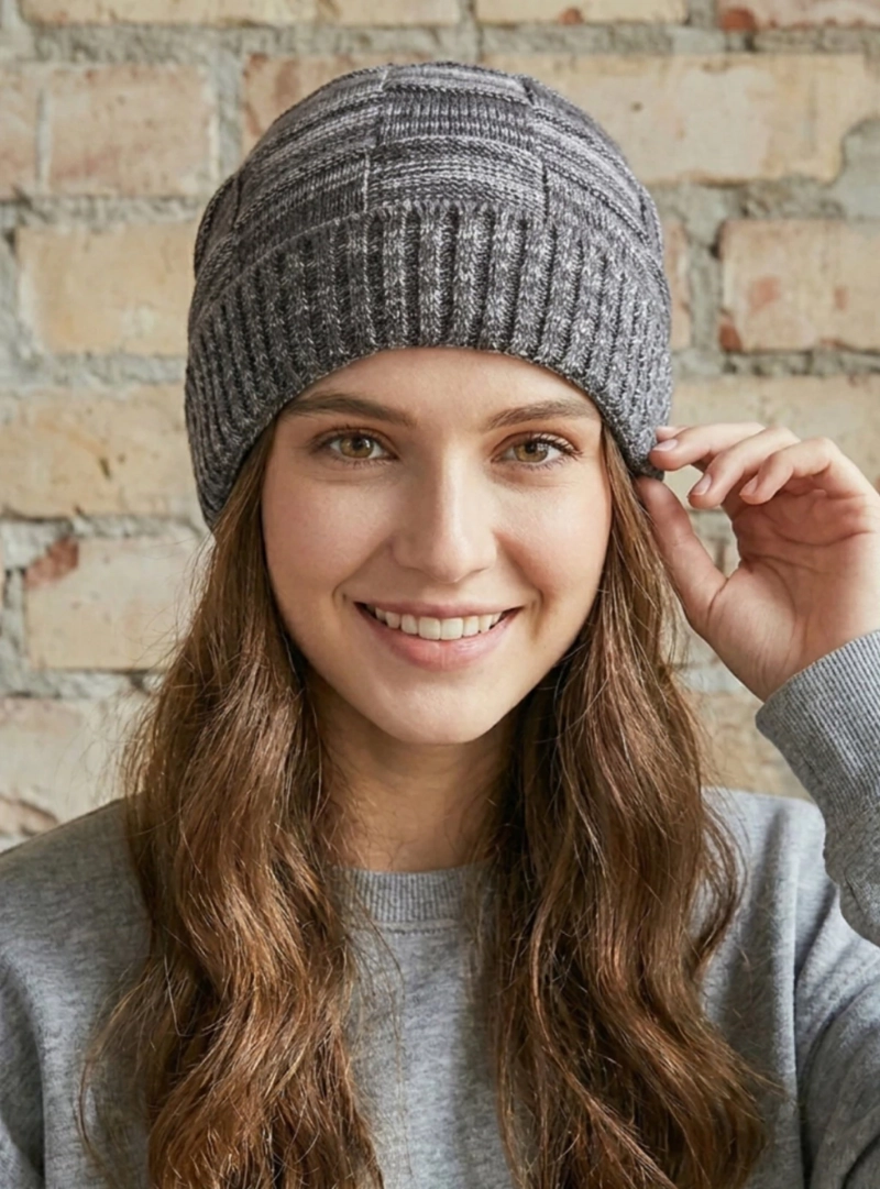 GORRO DE LANA GRIS PARA MUJER | BEANIE DE PUNTO INVIERNO POLAR MASC - 1