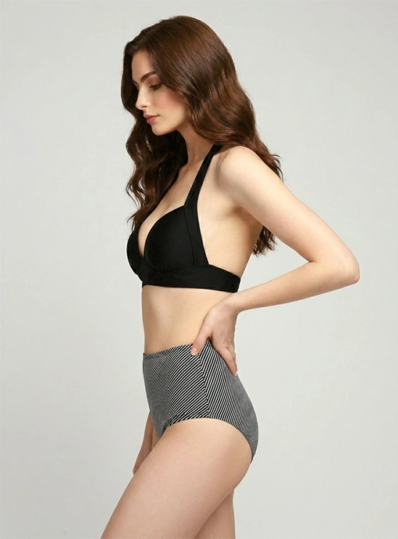 TRAJE DE BAÑO BIKINI DE CINTURA ALTA RAYAS COPAS - 3