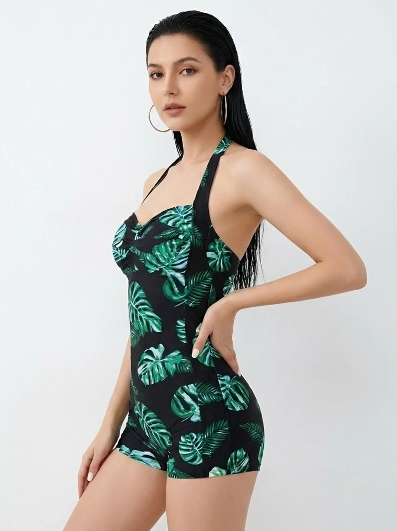 TRAJE DE BAÑO ENTERITO VINTAGE MONSTERA – CUELLO HALTER VERDE NEGRO COLOBO - 3