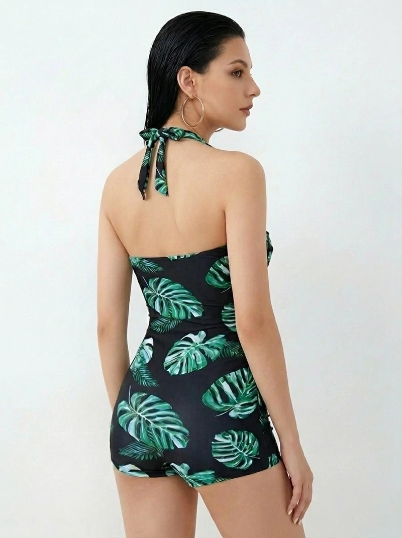 TRAJE DE BAÑO ENTERITO VINTAGE MONSTERA – CUELLO HALTER VERDE NEGRO COLOBO - 4