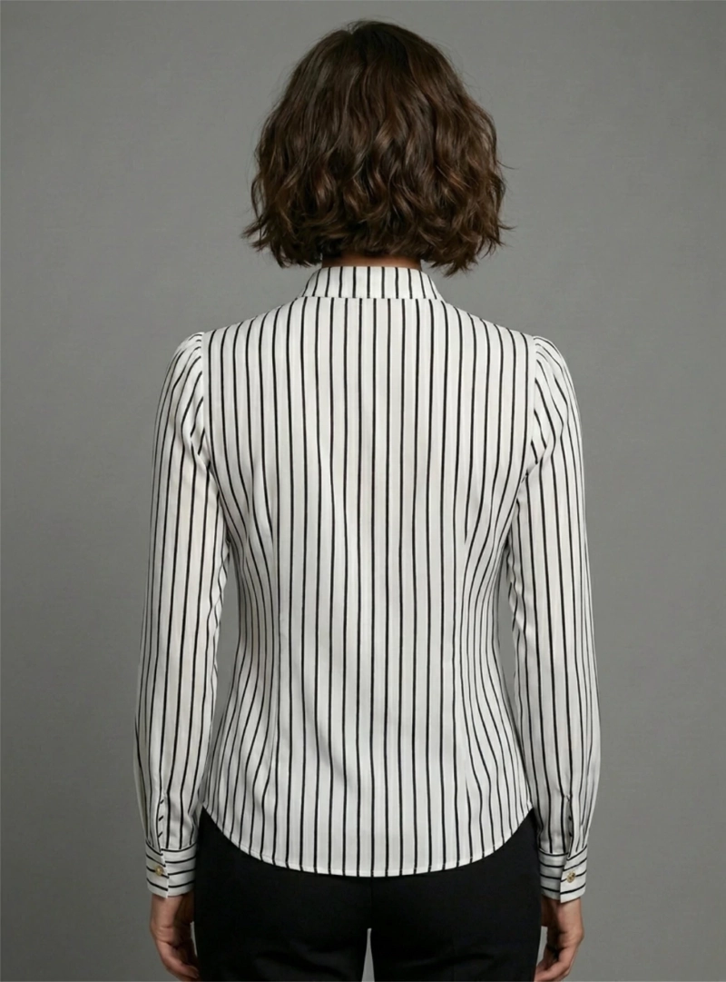 BLUSA DE MUJER RAYAS VERTICALES CON CUELLO MAO - CAMISA OFICINA BLANCO NEGRO - 4