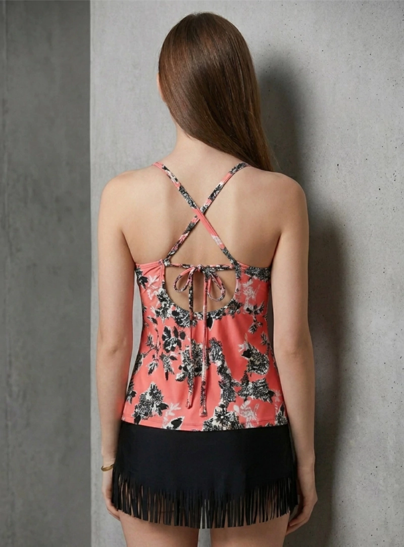 TANKINI FLORAL SALMON CON ESCOTE CUT-OUT FALDA CON FLECOS - 2