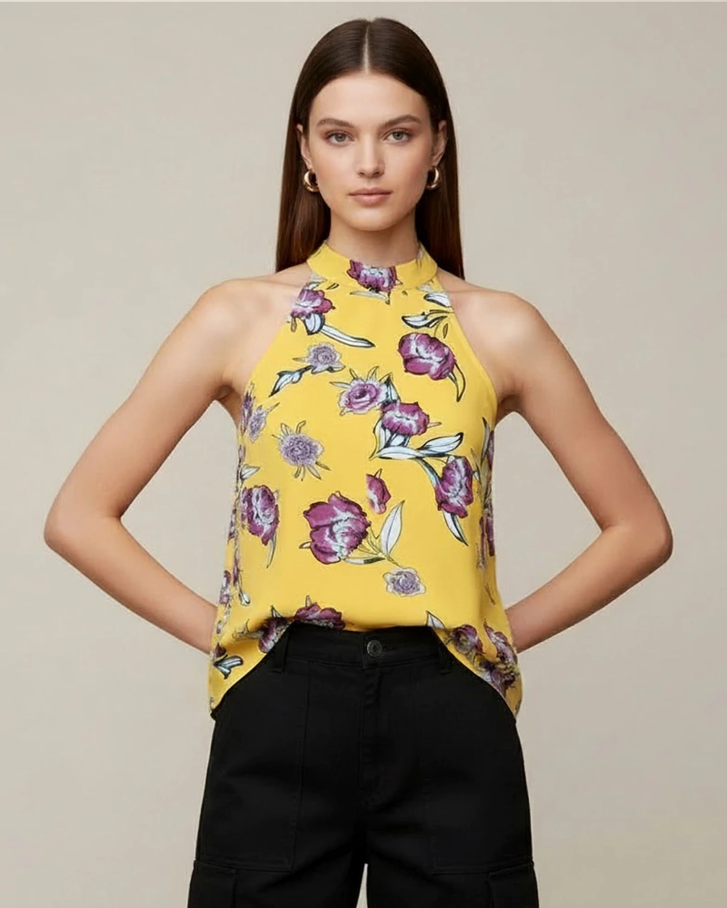 BLUSA AMARILLA CUELLO HALTER CON ESTAMPADO FLORAL PURPURA VALENTINA - 1
