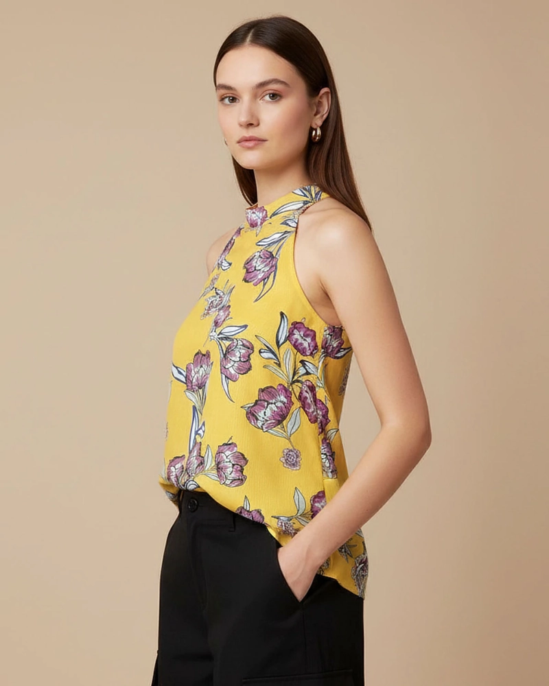 BLUSA AMARILLA CUELLO HALTER CON ESTAMPADO FLORAL PURPURA VALENTINA - 2