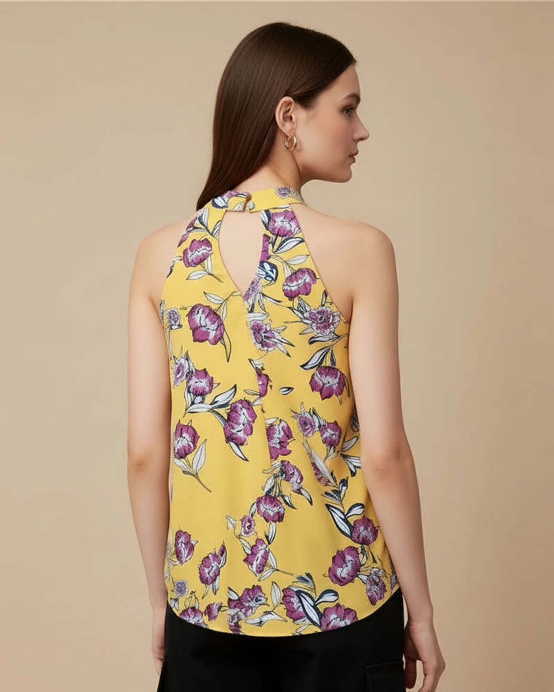 BLUSA AMARILLA CUELLO HALTER CON ESTAMPADO FLORAL PURPURA VALENTINA - 3