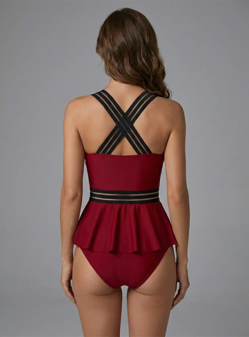 TANKINI DE DOS PIEZAS VINOTINTO BURDEOS CON TIRANTES DE MALLA PEPLUM - 4