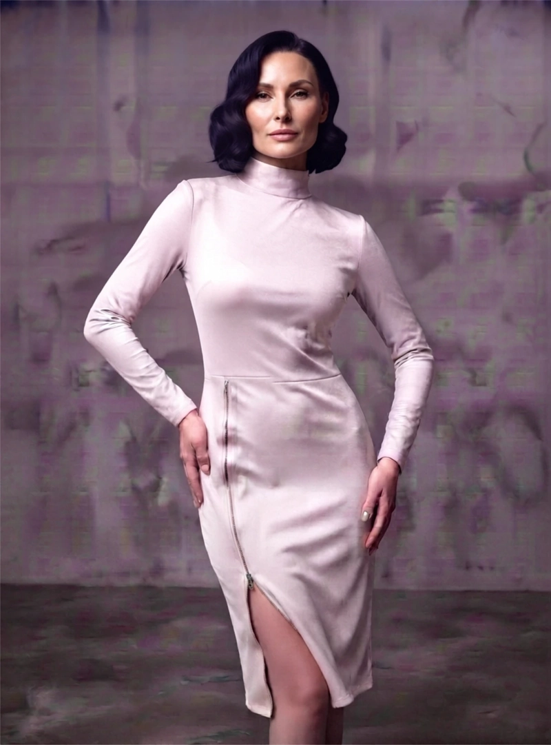VESTIDO MIDI DE MANGA LARGA CON CUELLO ALTO Y CIERRE LATERAL CHAMPAGNE - 4