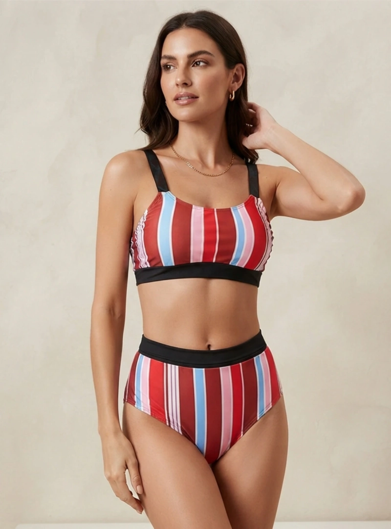 BIKINI DOS PIEZAS DE RAYAS CON CALZON DE TIRO ALTO BITONO - 1