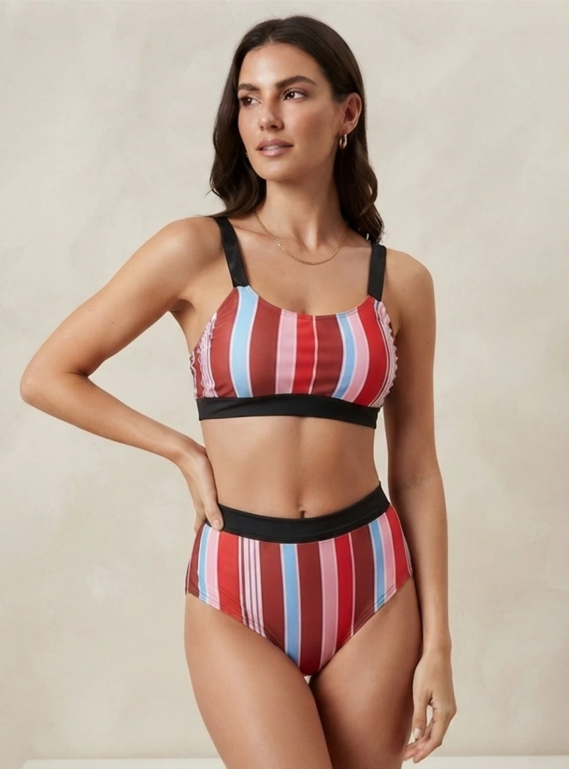 BIKINI DOS PIEZAS DE RAYAS CON CALZON DE TIRO ALTO BITONO - 2