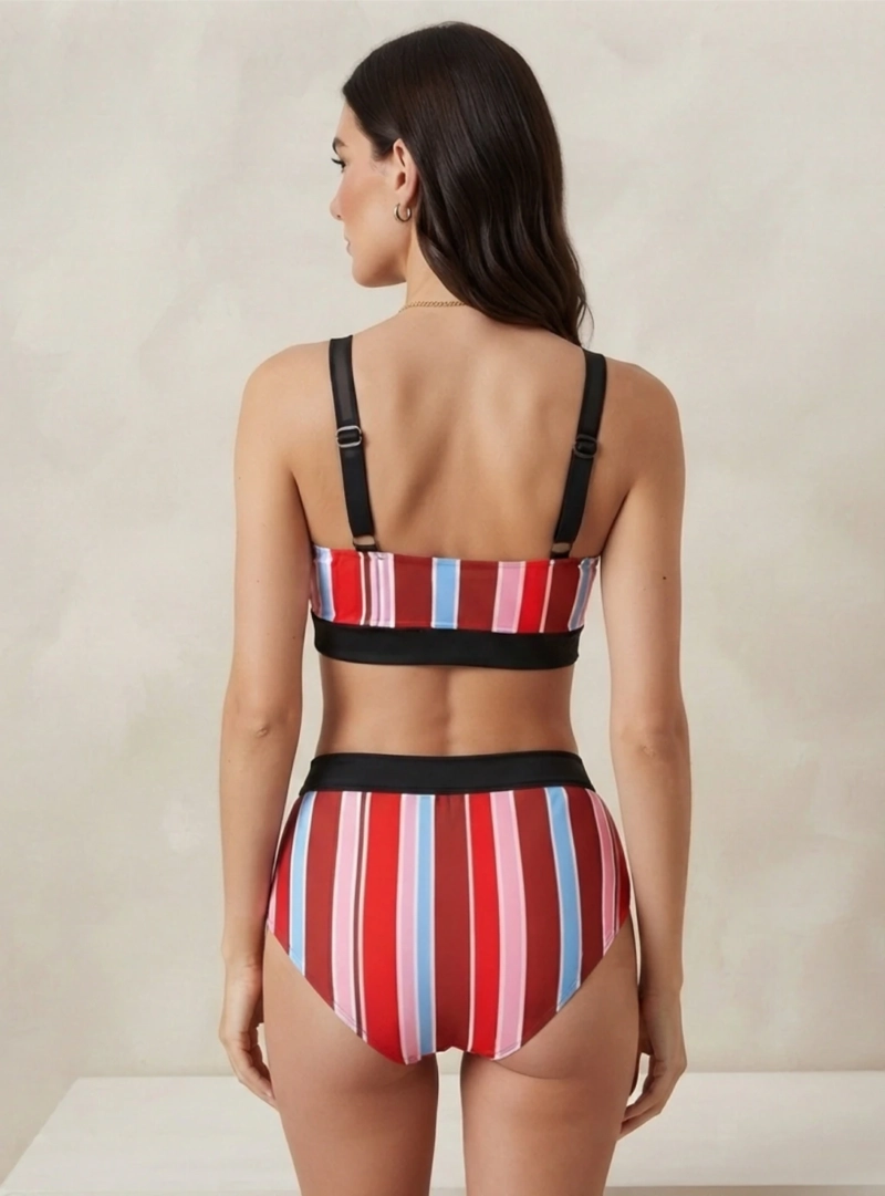 BIKINI DOS PIEZAS DE RAYAS CON CALZON DE TIRO ALTO BITONO - 3