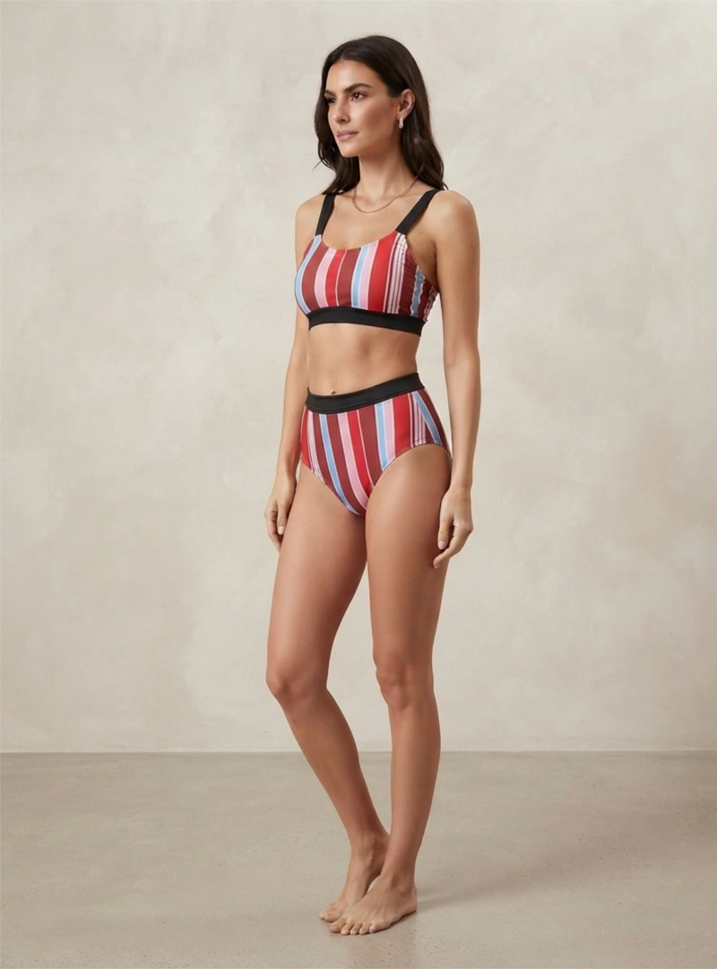 BIKINI DOS PIEZAS DE RAYAS CON CALZON DE TIRO ALTO BITONO - 4