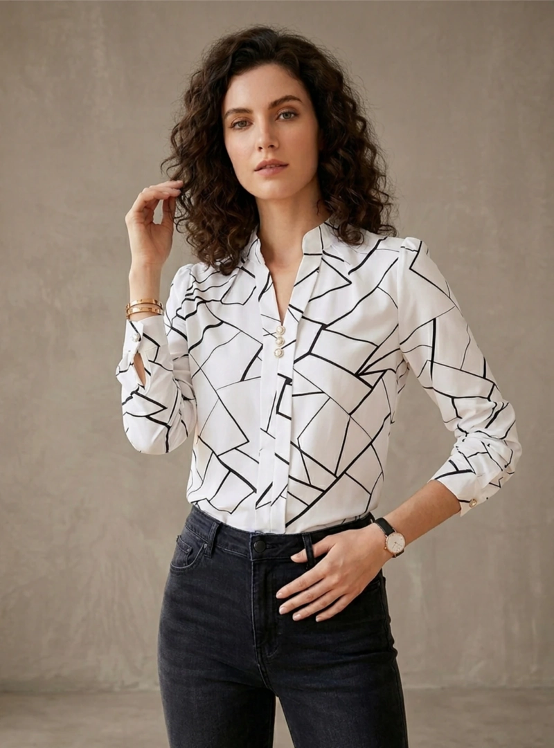 BLUSA ESTAMPADO GEOME TRICO CON CUELLO EN V Y BOTONES - 4