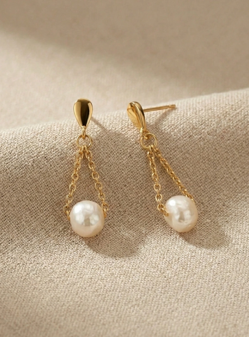 AROS FINOS PERLA CULTIVADA DE RIO CADENA ACERO BAÑO ORO 14K - 1
