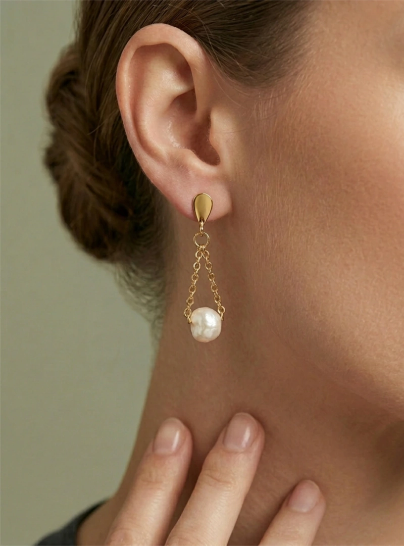 AROS FINOS PERLA CULTIVADA DE RIO CADENA ACERO BAÑO ORO 14K - 3