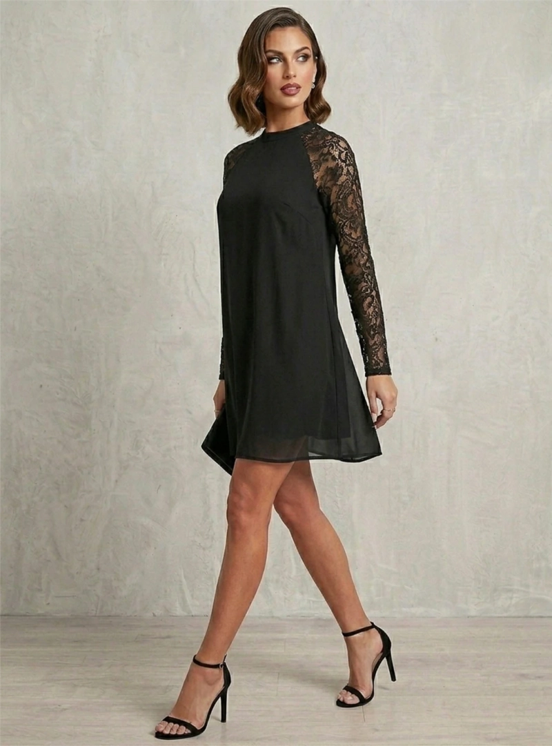 VESTIDO CORTO NEGRO CON MANGAS DE ENCAJE Y CUELLO HALTER VE LIA - 2