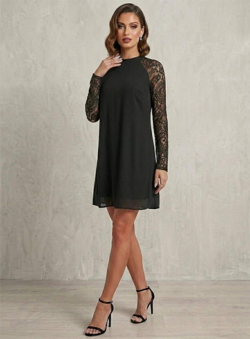 VESTIDO CORTO NEGRO CON MANGAS DE ENCAJE Y CUELLO HALTER VE LIA - 4
