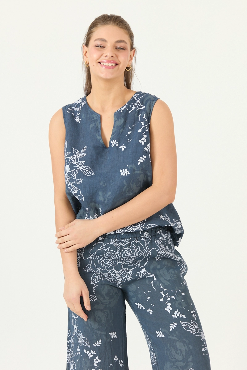 BLUSA DE LINO ESTAMPADA AZUL MARINO COD 4518055 - 1