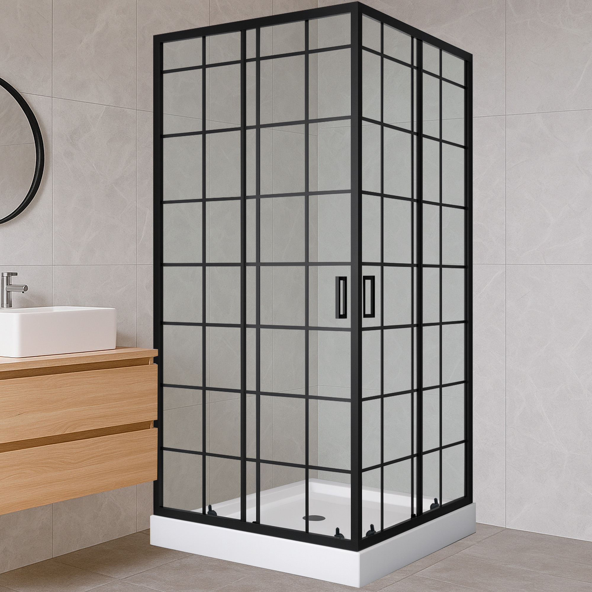 SHOWER DOOR JOYTEK RECTO CUADROS NEGROS 90X90X198CM CON RECEPTACULO - 2