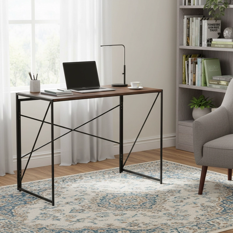 MESA ESCRITORIO PLEGABLE DE METAL Y MADERA NOGAL 100X50X75 CM - 3